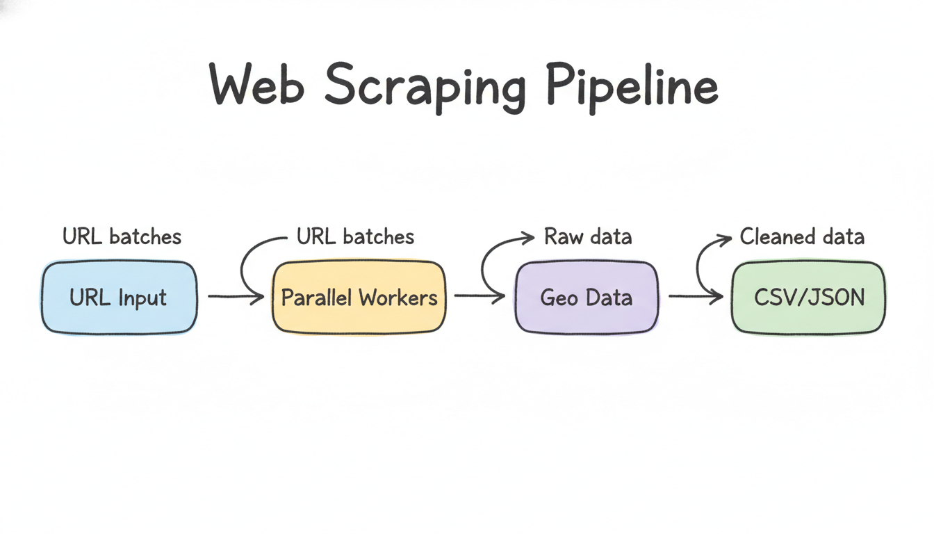 A sequential pipeline showing domain extraction → scraper worker pool → postcode