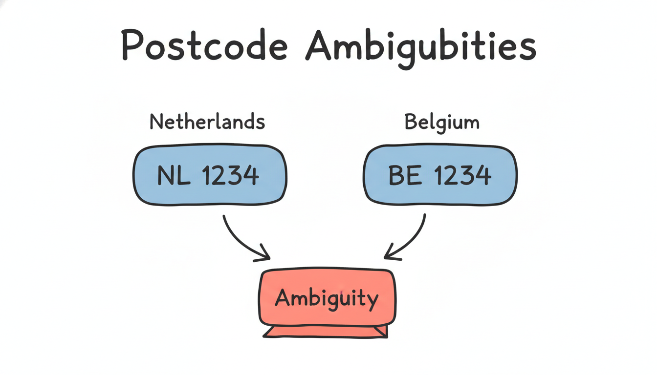 Comparison of Dutch and Belgian postcode formats showing potential ambiguities